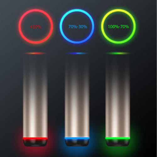 Les leds en couleurs indiquant le niveau de batterie du vape pen